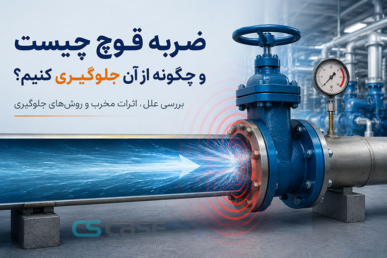 تصویر شماتیک ضربه قوچ در لوله و اثر افزایش ناگهانی فشار هنگام بسته شدن شیر