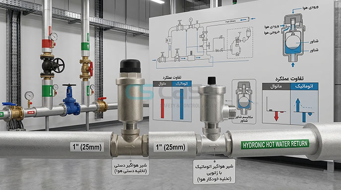 مقایسه شیر هواگیر اتوماتیک عمودی و زانویی برنجی نصب شده روی لوله موتورخانه HVAC