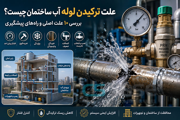 تصویر شماتیک ترکیدن لوله آب ساختمان و بررسی علتهای اصلی مانند فشار زیاد، ضربه قوچ، یخزدگی، خوردگی و خرابی اتصالات